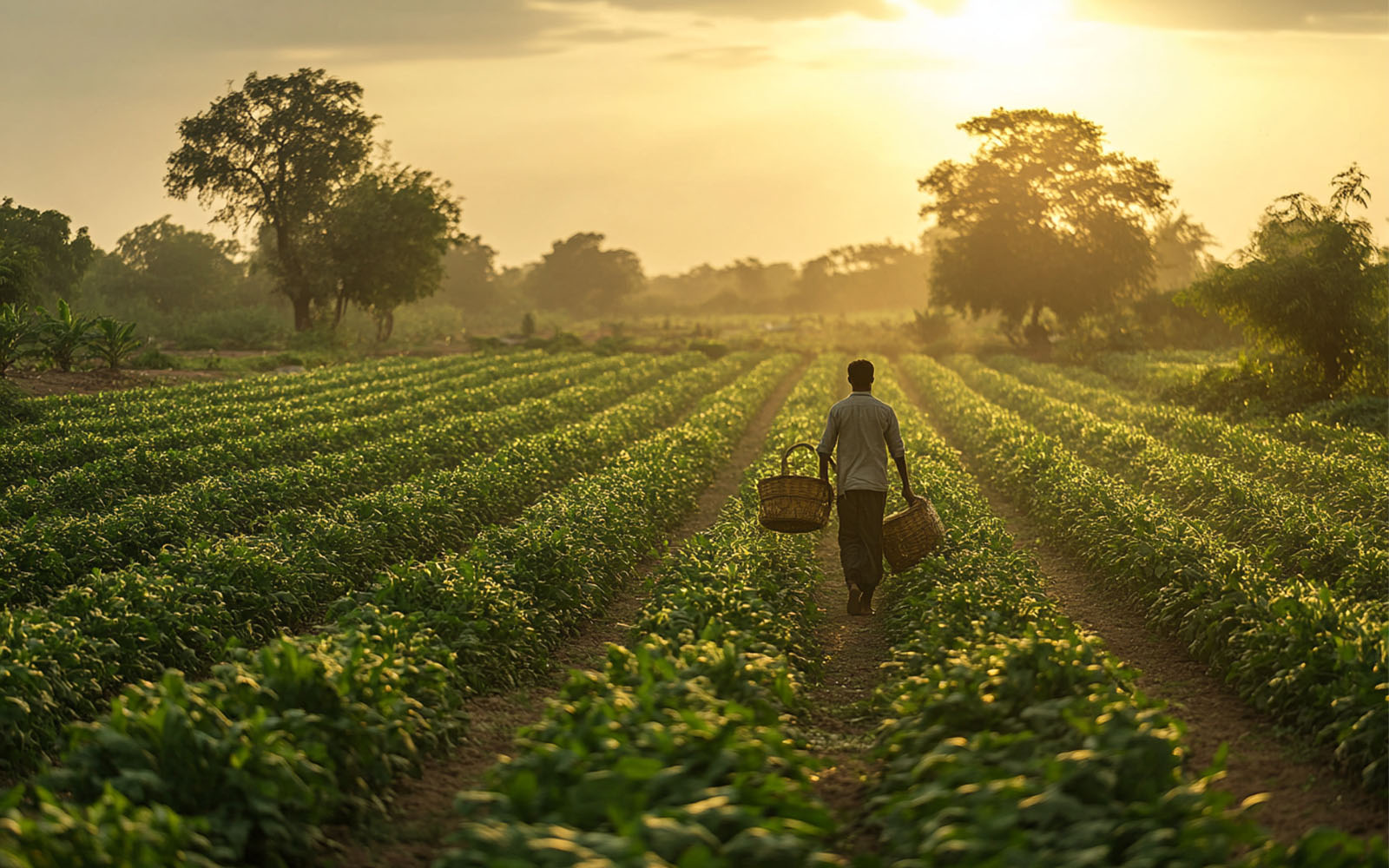 Organic farm in Gujarat at golden hour with farmer carrying fresh harvest