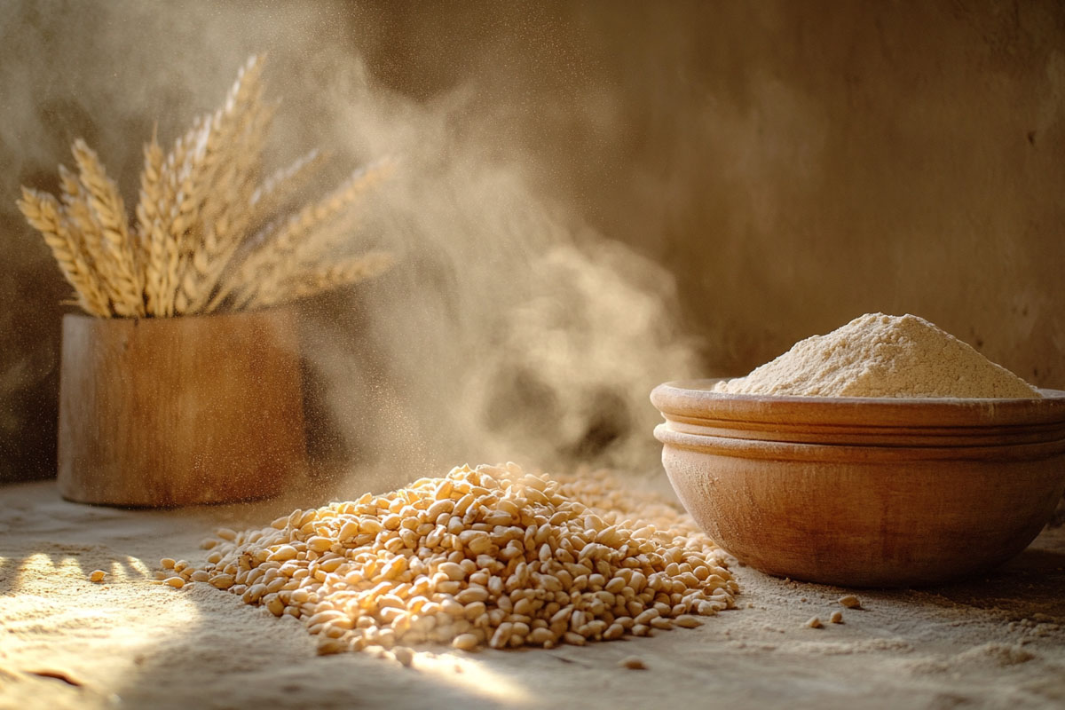 Traditional stone chakki mill grinding wheat into fresh flour