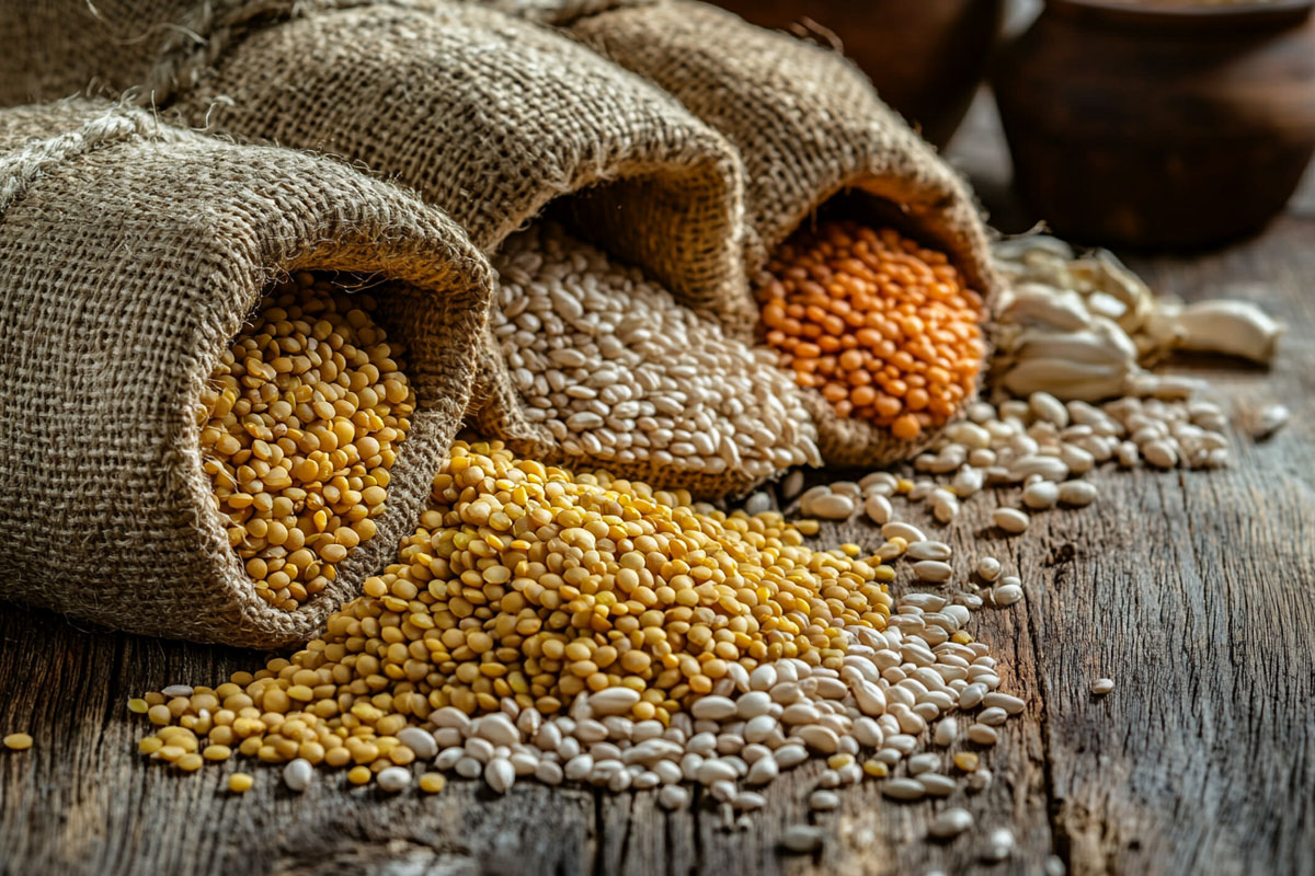 Jute sacks of organic Indian pulses and grains on a rustic wooden table