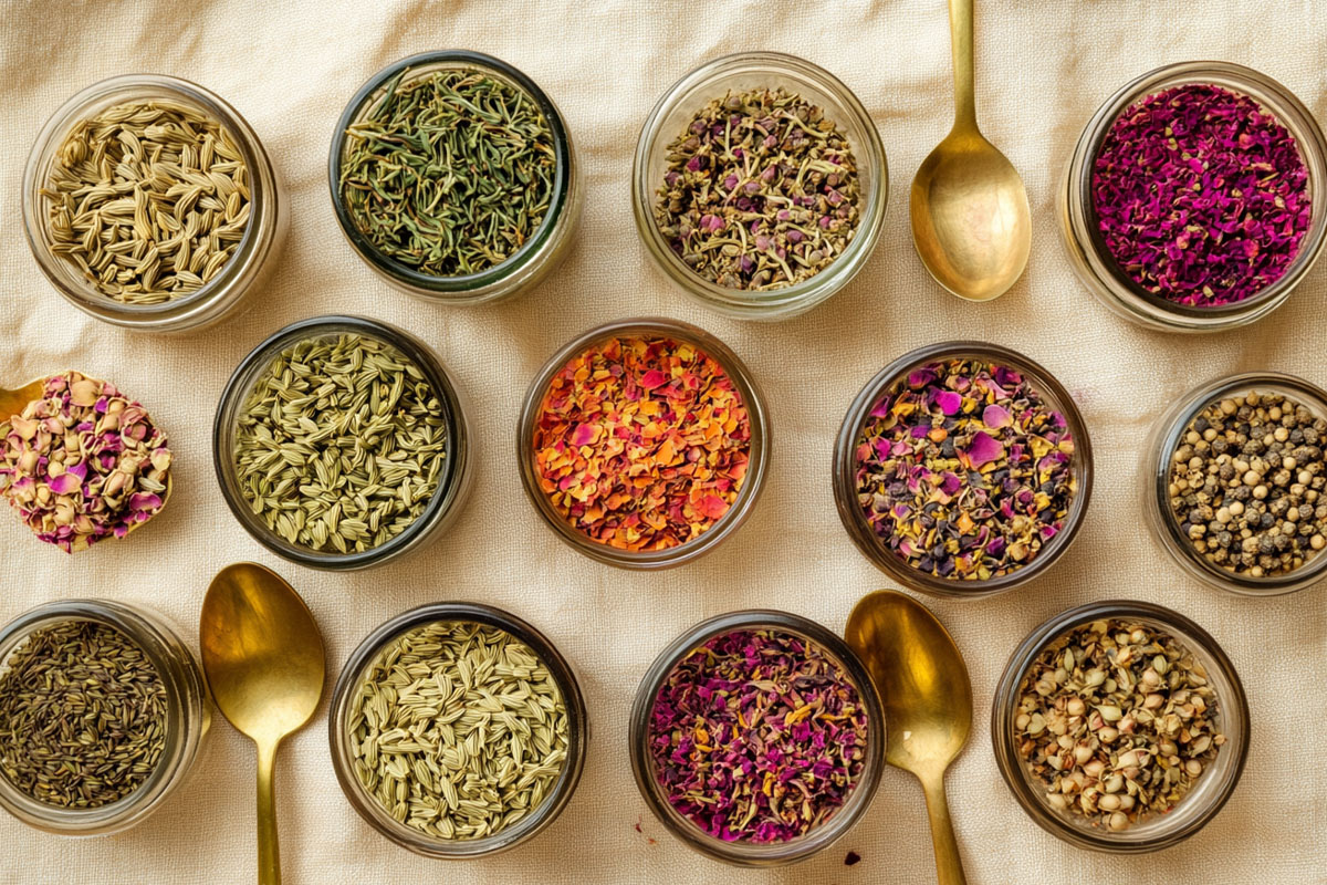 Traditional Indian mukhwas varieties in vintage glass jars with brass spoons