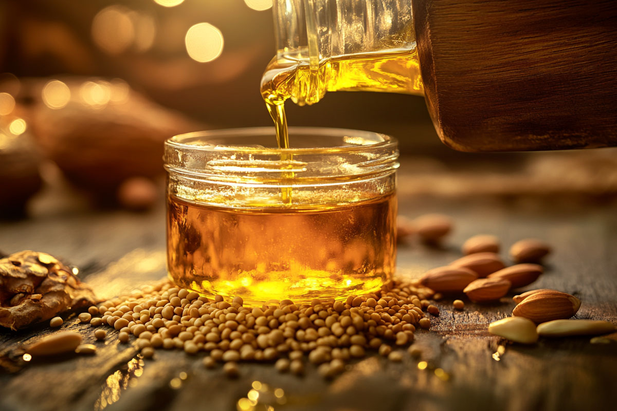 Golden cold-pressed oil pouring from a wooden press into a glass jar