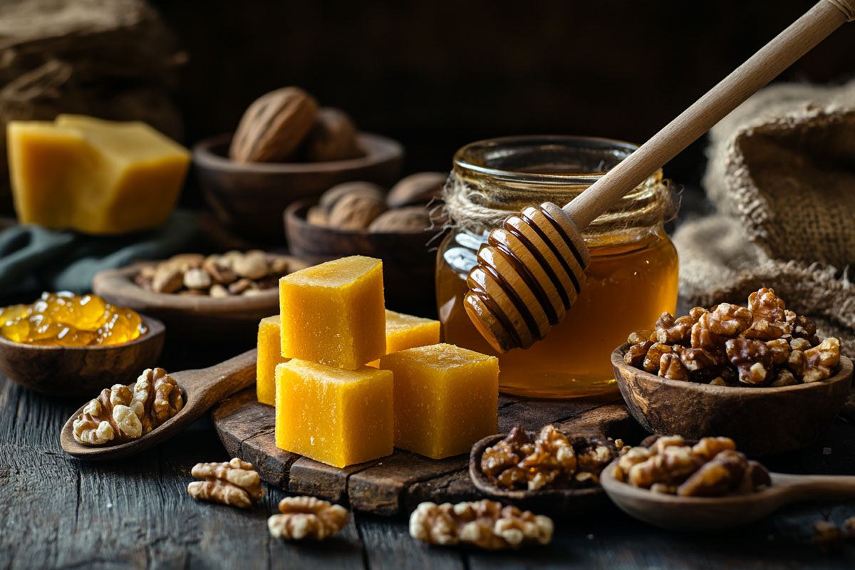 Organic jaggery blocks, raw honey and assorted dry fruits on a rustic table