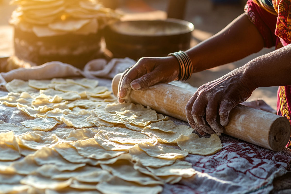 Hands rolling papad dough with papads sun-drying in a traditional courtyard