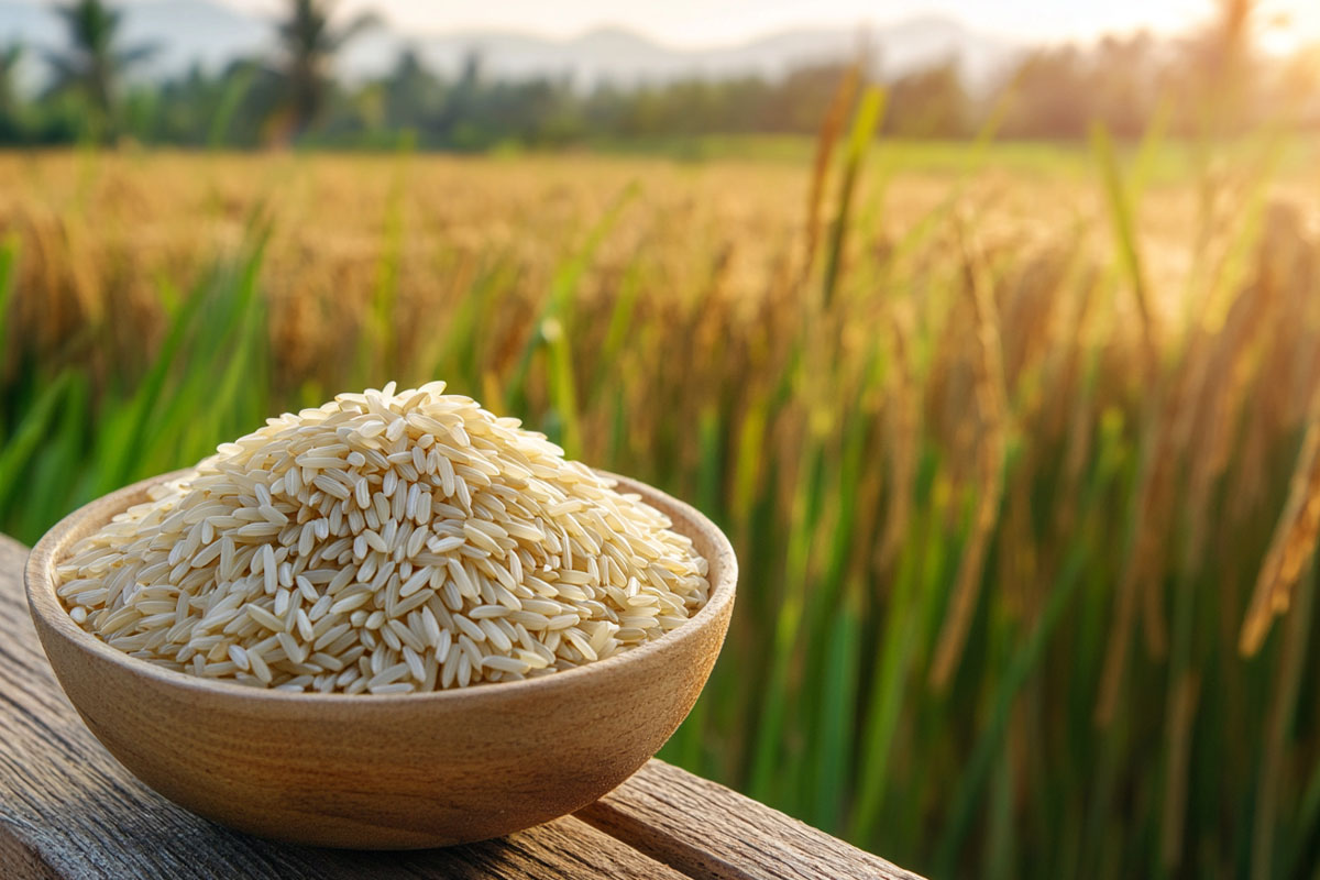Golden organic paddy field with a bowl of basmati rice in the foreground