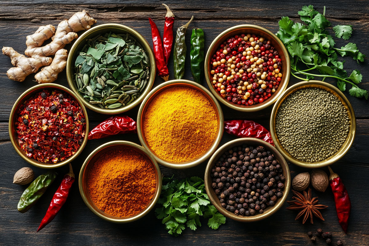 Organic Indian spices in brass and clay bowls with fresh herbs