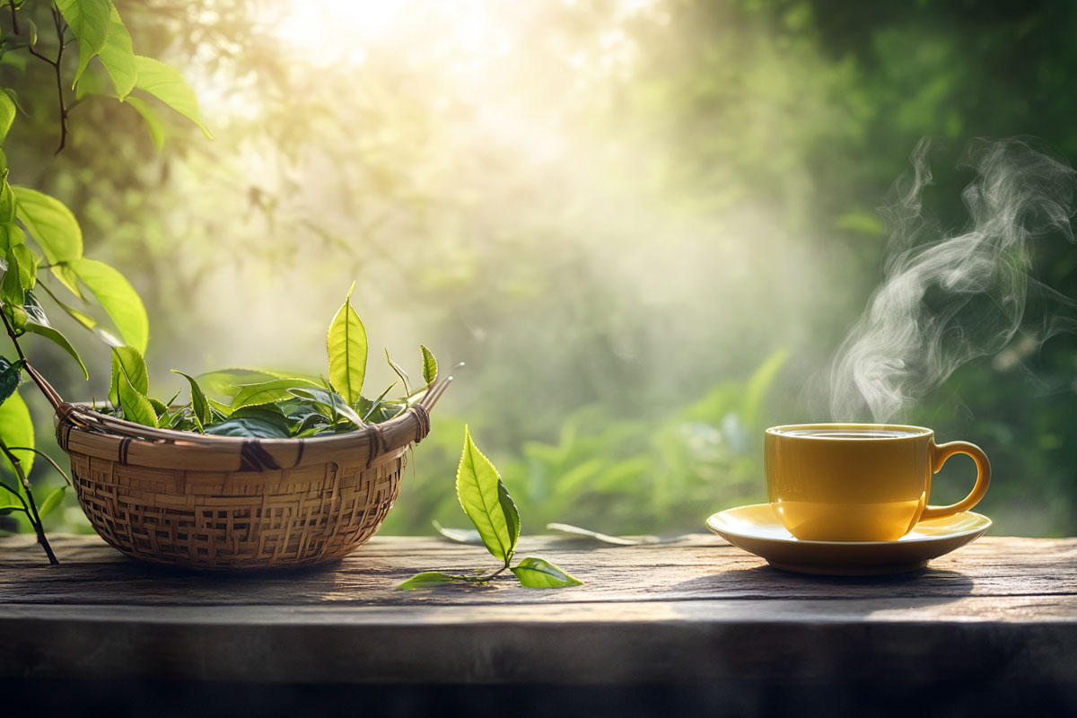 Misty tea garden at dawn with fresh leaves and a steaming cup of tea