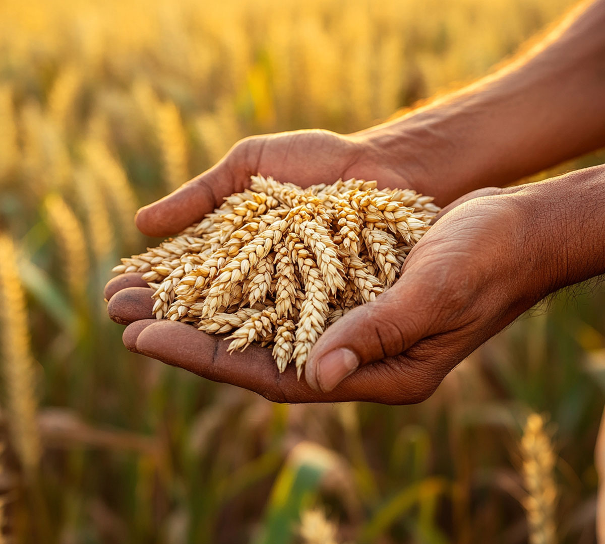 Farmer's hands holding freshly harvested organic wheat grains