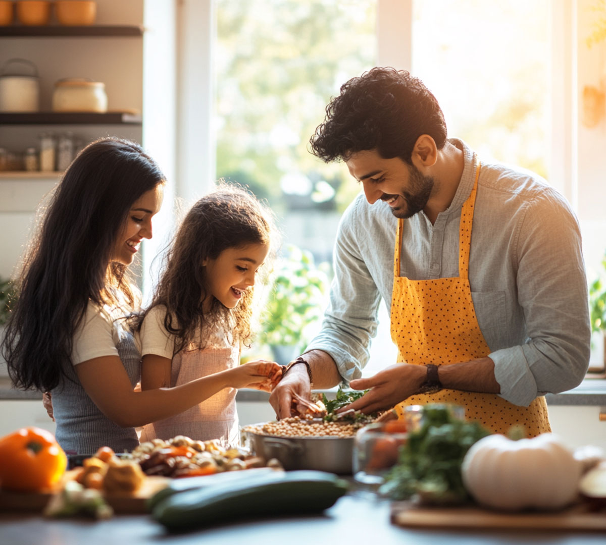 Family enjoying a consciously pure lifestyle with organic food