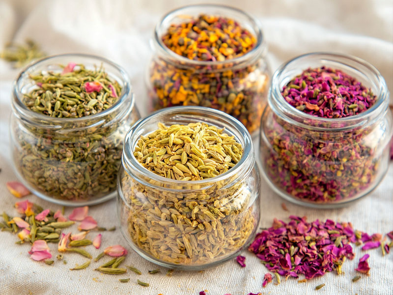 Traditional Indian mukhwas mouth freshener mix in glass jars