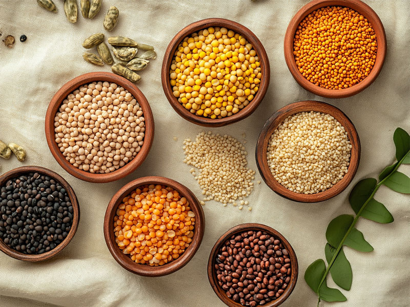 Assorted organic dals and grains in ceramic bowls