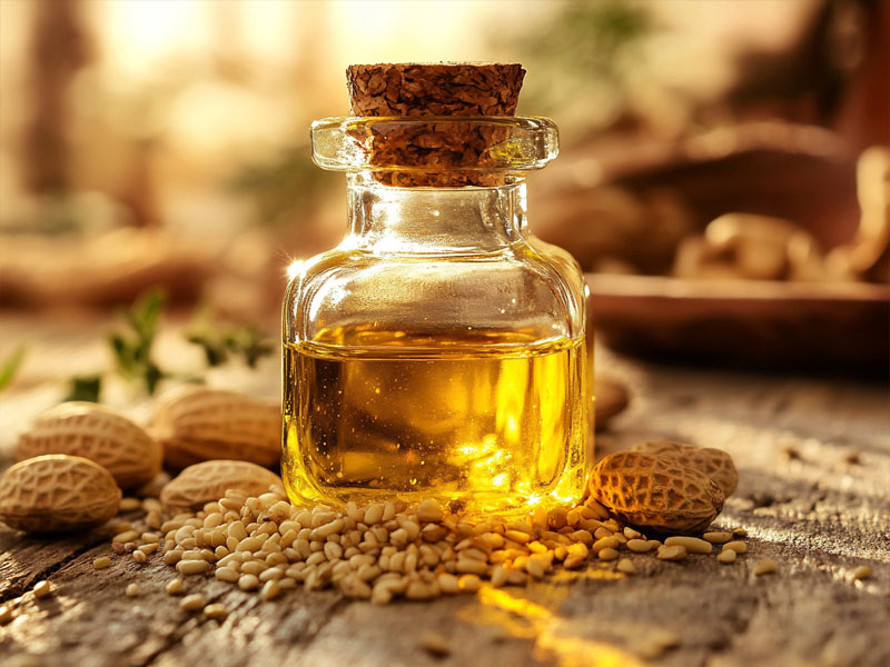 Golden cold-pressed oil in glass bottle with groundnuts and sesame seeds