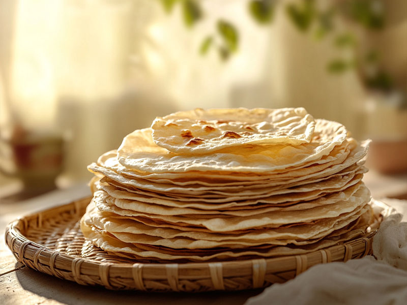 Hand-rolled sun-dried papads on a bamboo tray
