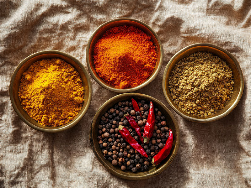 Vibrant organic Indian spices in brass bowls