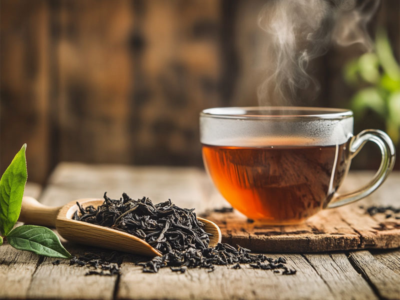 Organic black tea leaves with a cup of brewed tea
