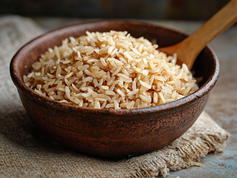 Organic unpolished brown rice in a clay bowl