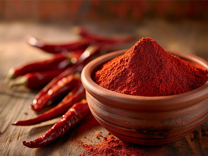 Deep red organic chilli powder with whole dried chillies