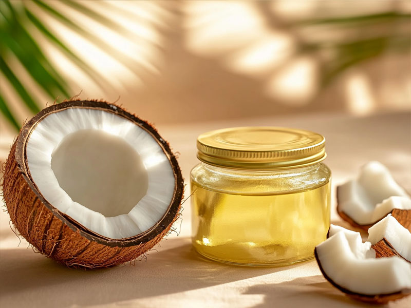 Pure cold-pressed coconut oil with fresh coconut