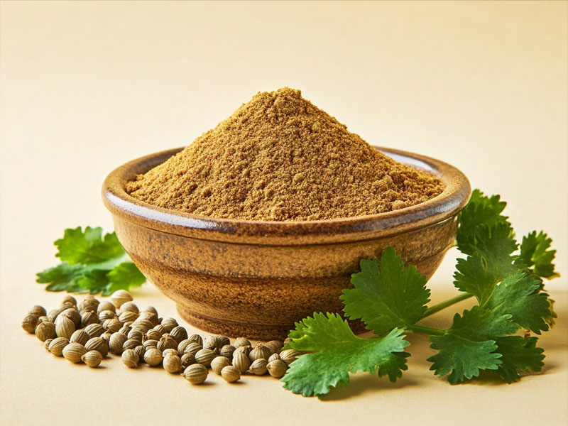 Organic coriander powder with seeds and fresh leaves