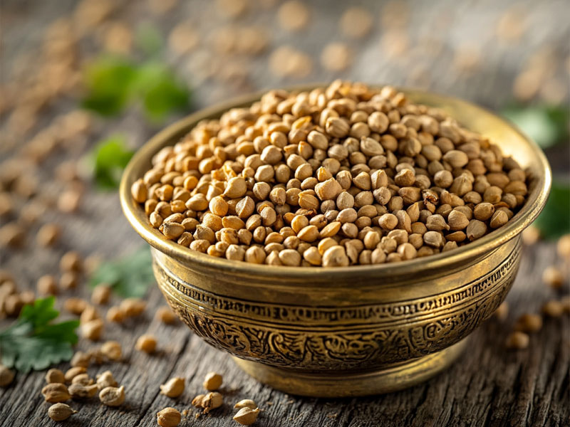Roasted dhana dal split coriander seeds in a brass bowl