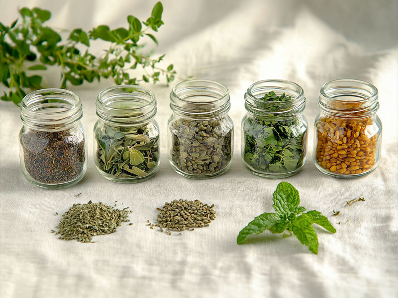 Assorted organic dried herbs in glass jars