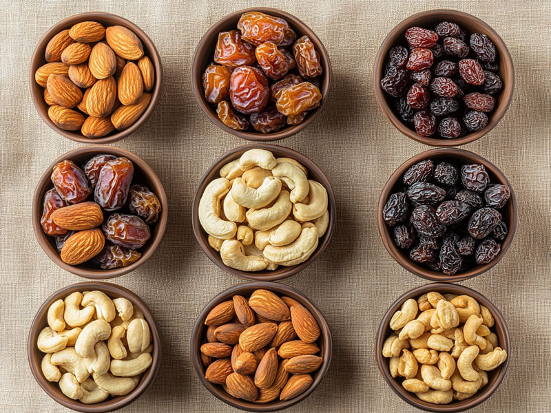 Premium assorted organic dry fruits in ceramic bowls