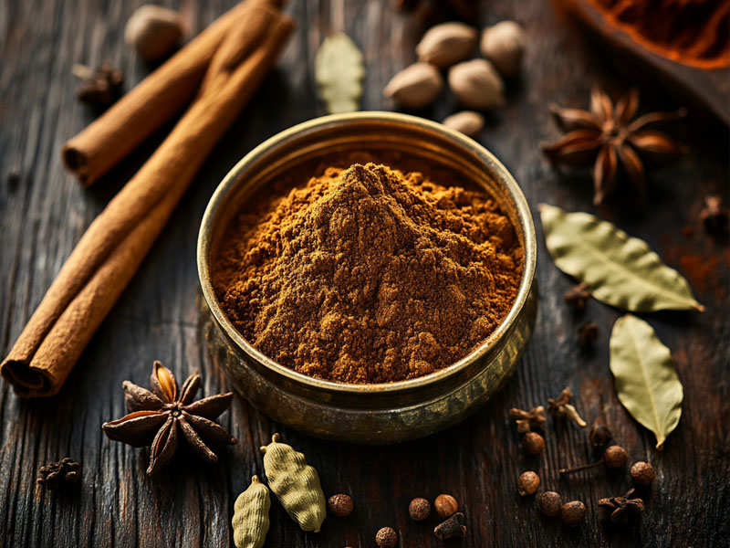 Aromatic garam masala with whole spices around