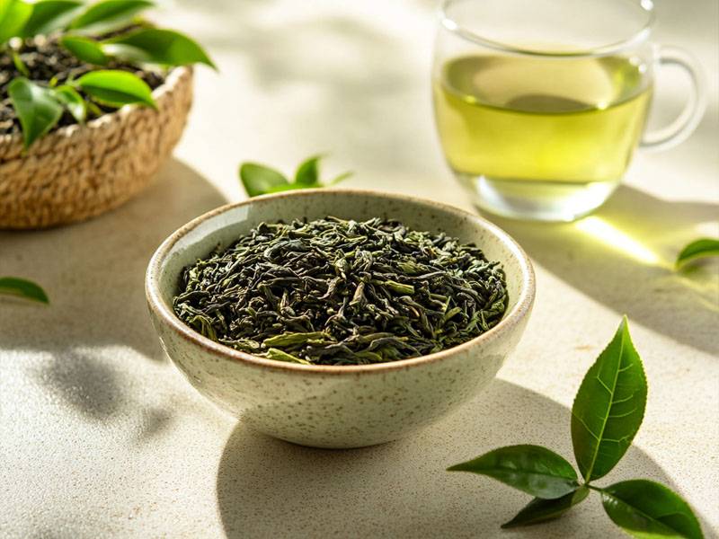 Fresh organic green tea leaves with brewed green tea