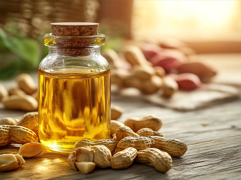 Golden cold-pressed groundnut oil with raw peanuts