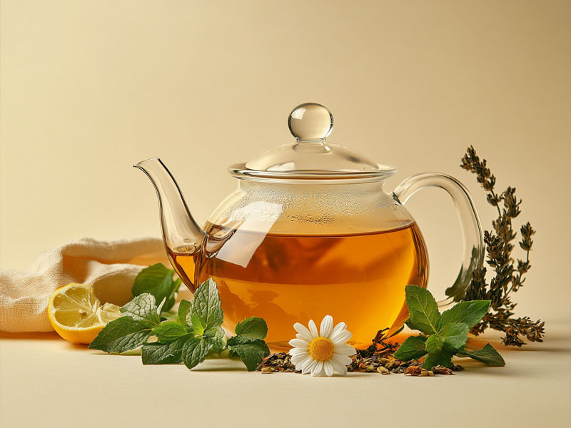 Golden herbal infusion in a glass teapot with dried herbs