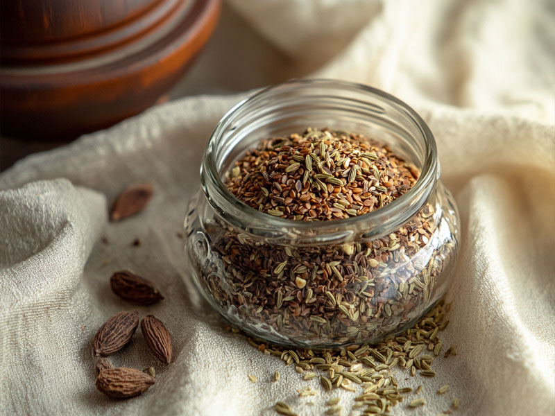 Traditional herbal mukhwas blend in a vintage glass jar