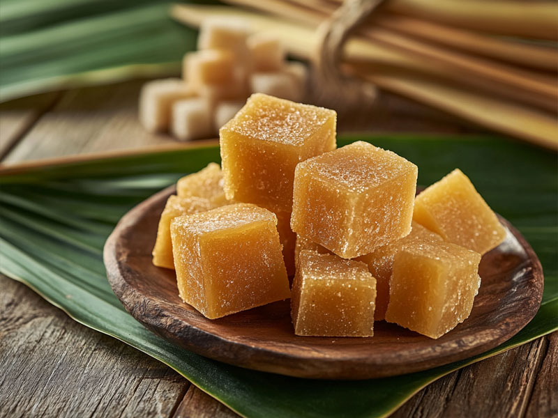 Golden organic jaggery blocks on a banana leaf