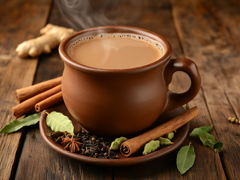 Steaming masala chai in a clay kulhad with whole spices