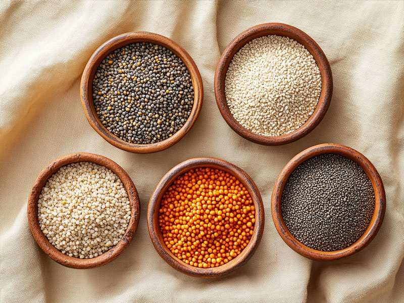 Assorted organic Indian millets in ceramic bowls