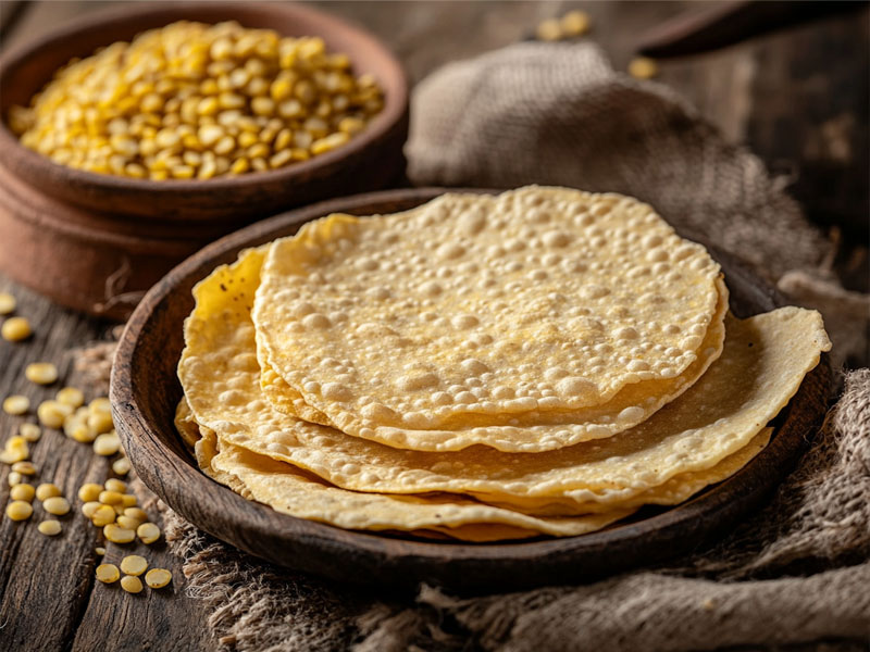 Hand-rolled moong dal papads with moong dal in a clay bowl