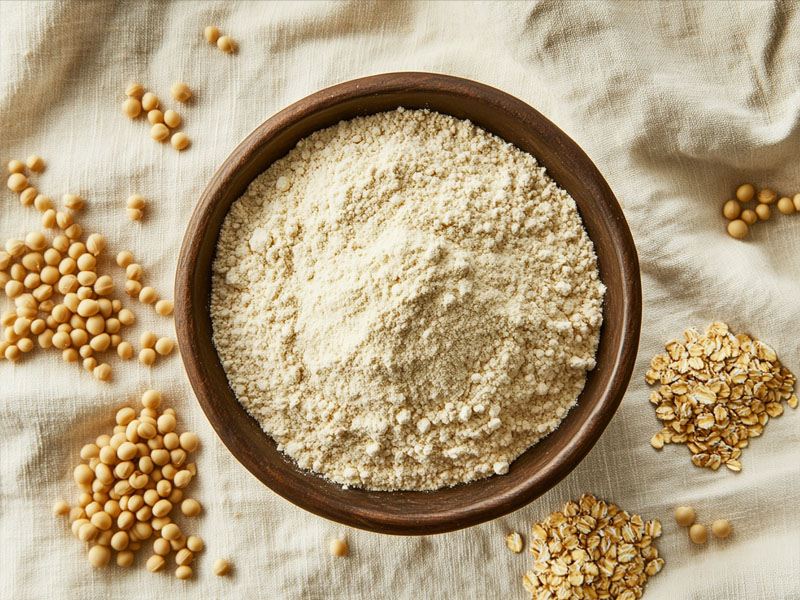 Organic multigrain flour with its grains around the bowl