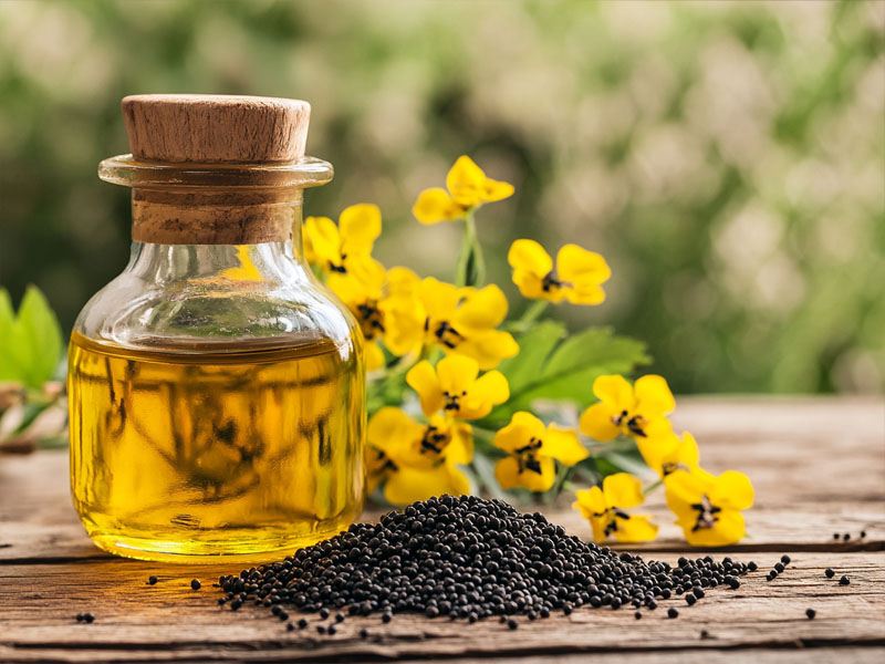 Kachi ghani mustard oil with mustard seeds and flowers
