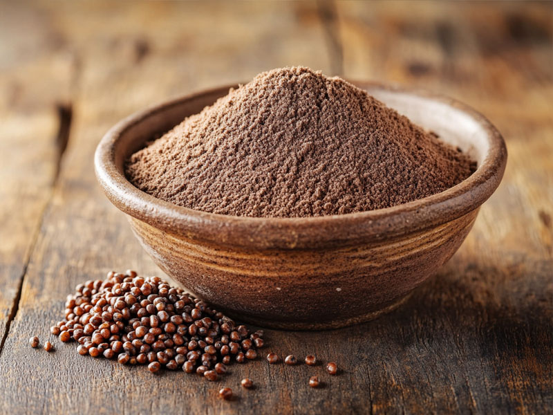 Organic ragi finger millet flour in a rustic bowl