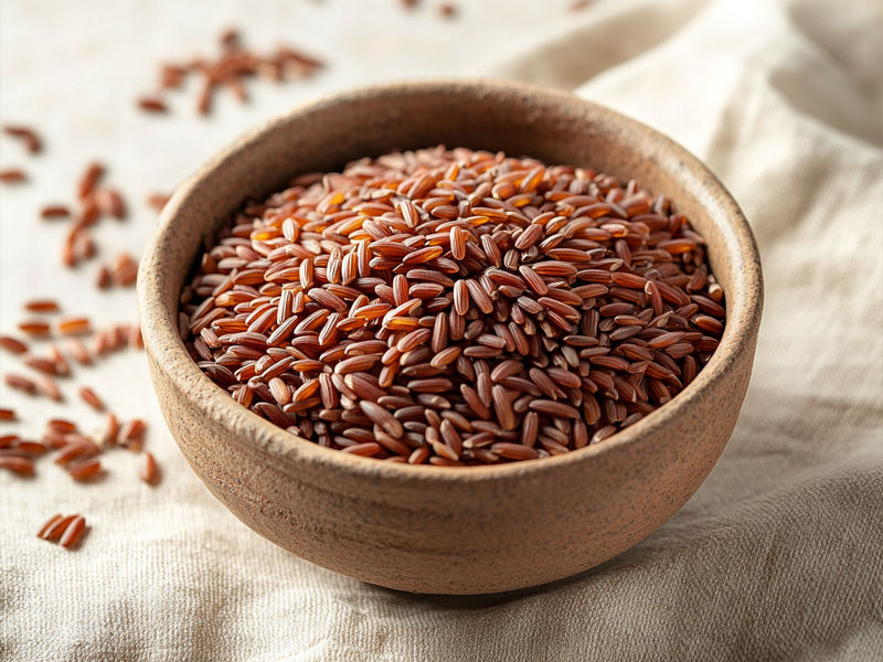 Organic red rice grains in a clay bowl