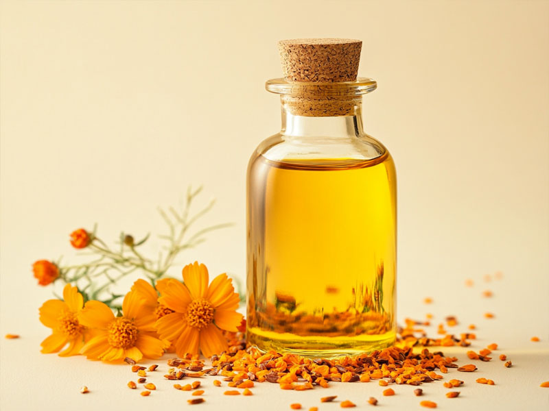 Cold-pressed kardi safflower oil with safflower blossoms