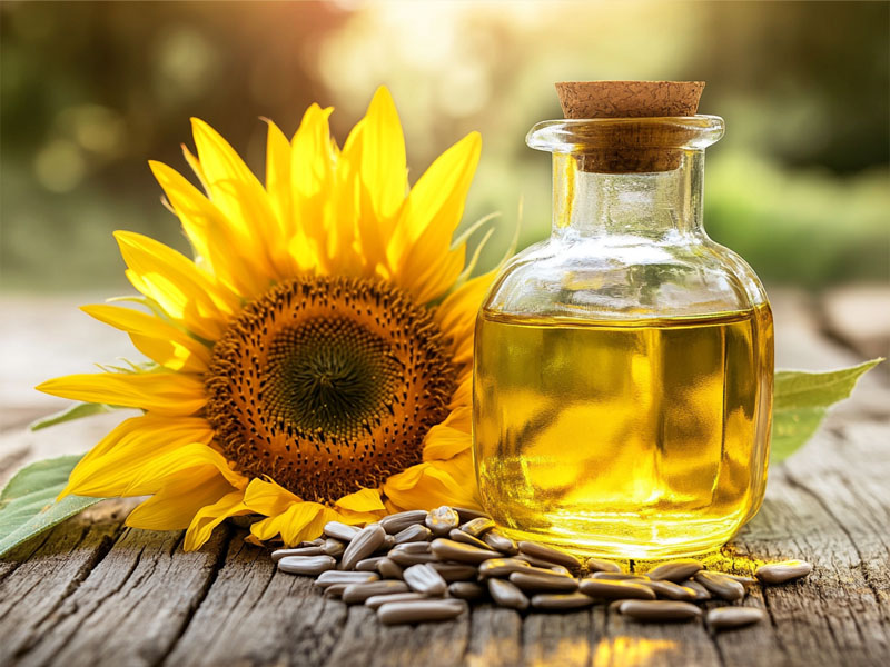 Golden cold-pressed sunflower oil with sunflower and seeds