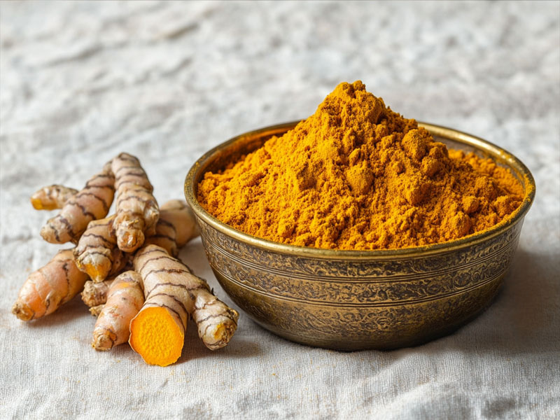 Golden organic turmeric powder with fresh turmeric roots