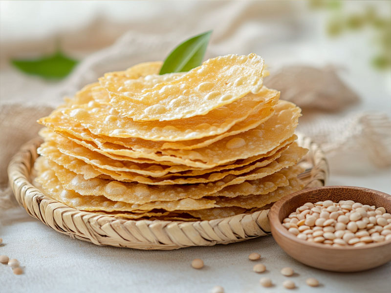 Crispy urad dal papads on a woven bamboo tray