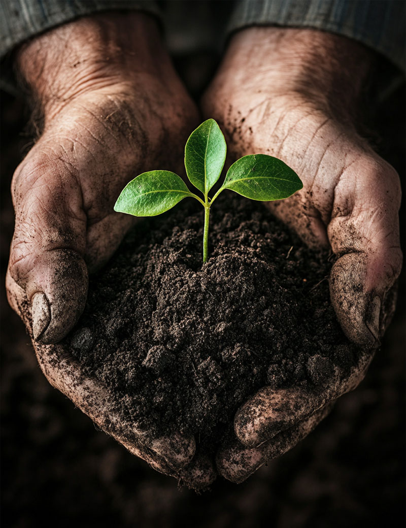 Farmer's hands holding rich organic soil with a young sapling