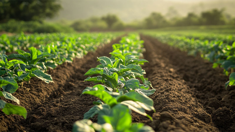Organic farming – green crops growing in living soil