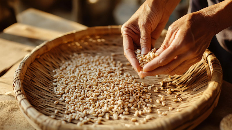 Hand-sorting and cleaning of organic grains