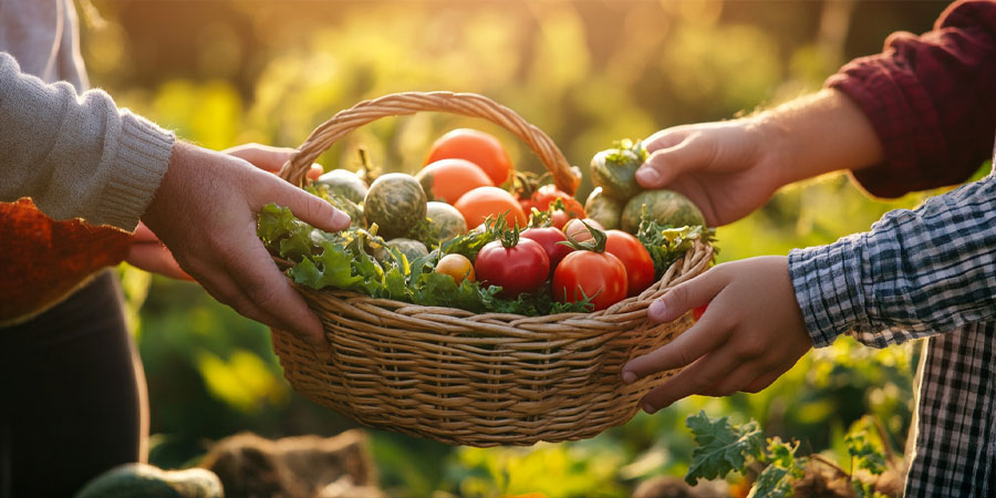Hands offering fresh organic produce – our mission from farm to family