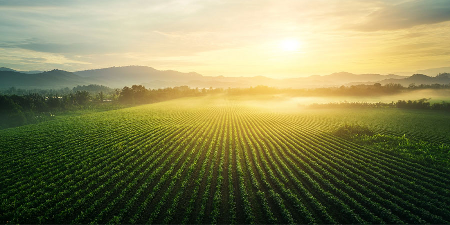 Sunrise over a lush organic farm – our vision of a pure world